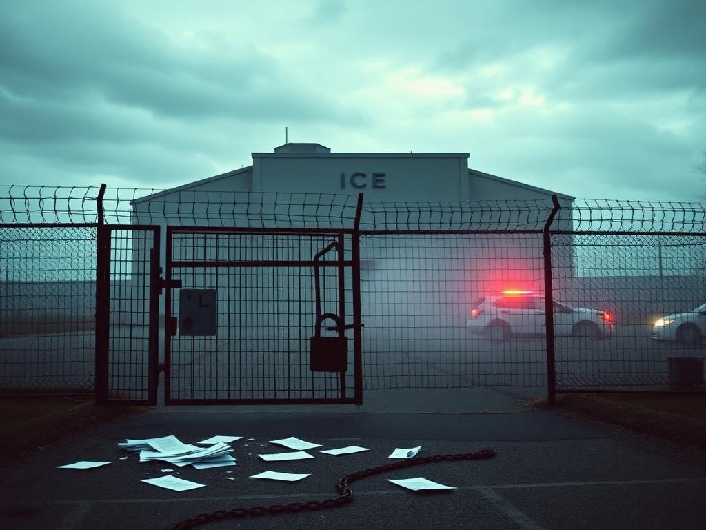 Flick International Exterior view of a stark ICE facility surrounded by barbed wire and a moody sky