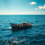 Flick International Small fishing boat adrift in the vast Pacific Ocean under a serene sky