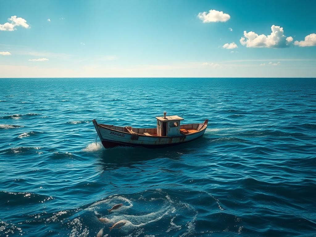 Flick International Small fishing boat adrift in the vast Pacific Ocean under a serene sky