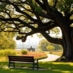 Flick International A serene park scene featuring a large oak tree and empty wooden bench, symbolizing reflection and growth