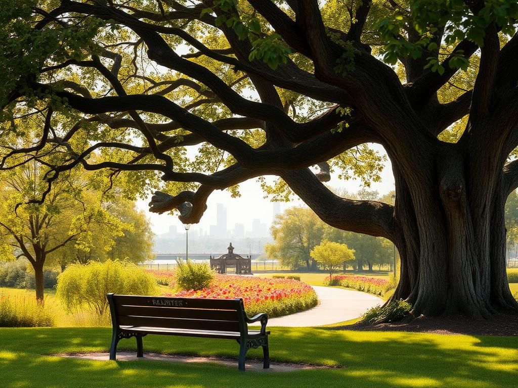 Flick International A serene park scene featuring a large oak tree and empty wooden bench, symbolizing reflection and growth
