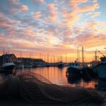 Flick International Scenic Maine harbor at sunset with fishing boats and a fishing net