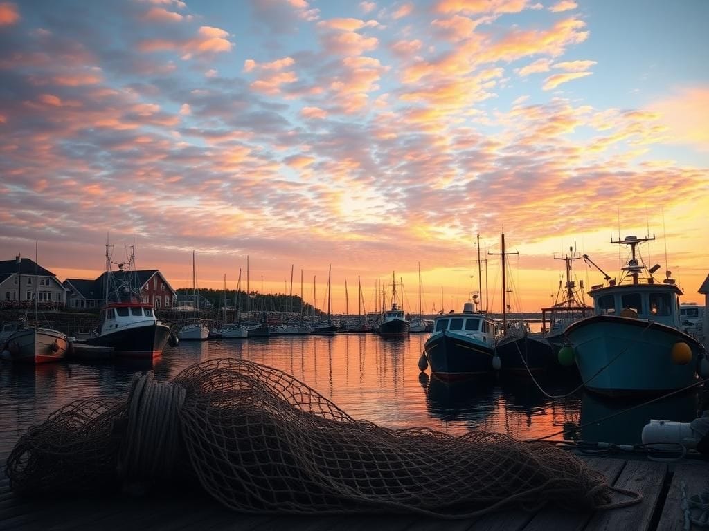 Flick International Scenic Maine harbor at sunset with fishing boats and a fishing net