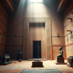 Flick International Ancient Egyptian tomb interior featuring a pink granite false door