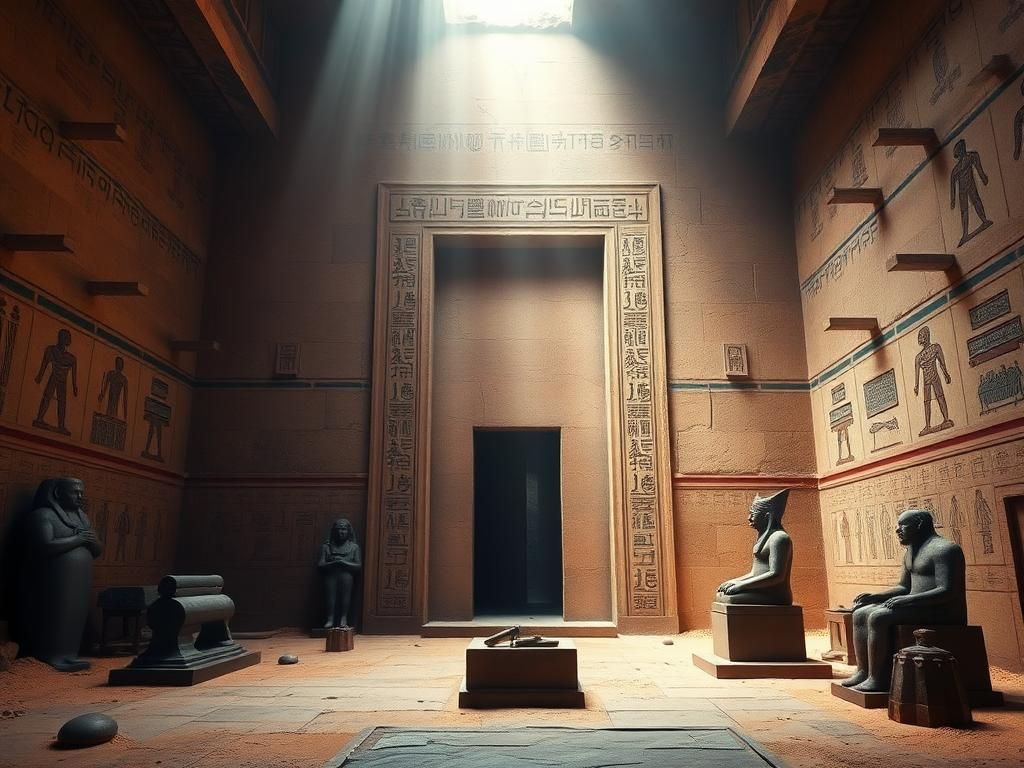 Flick International Ancient Egyptian tomb interior featuring a pink granite false door