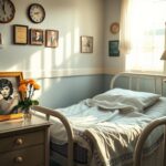 Flick International A serene hospital room with an empty vintage bed and a faded photograph of Denise Alexander