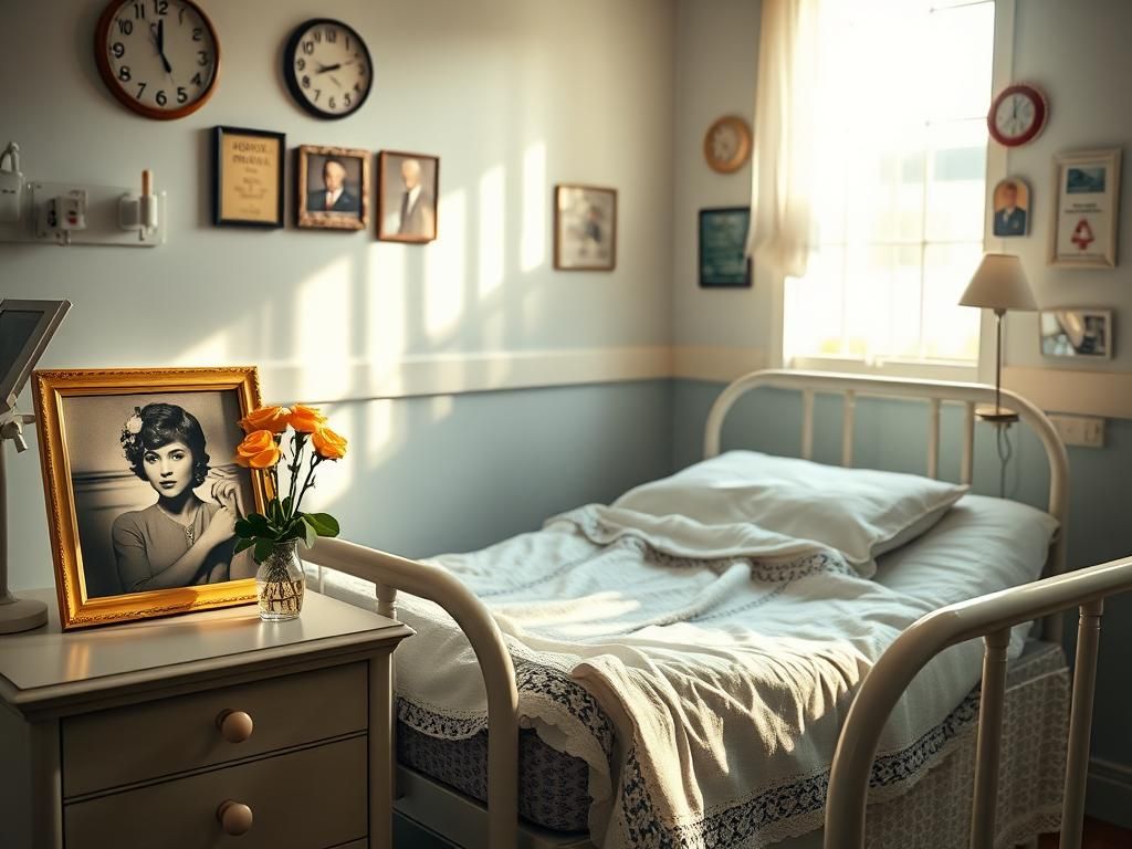 Flick International A serene hospital room with an empty vintage bed and a faded photograph of Denise Alexander