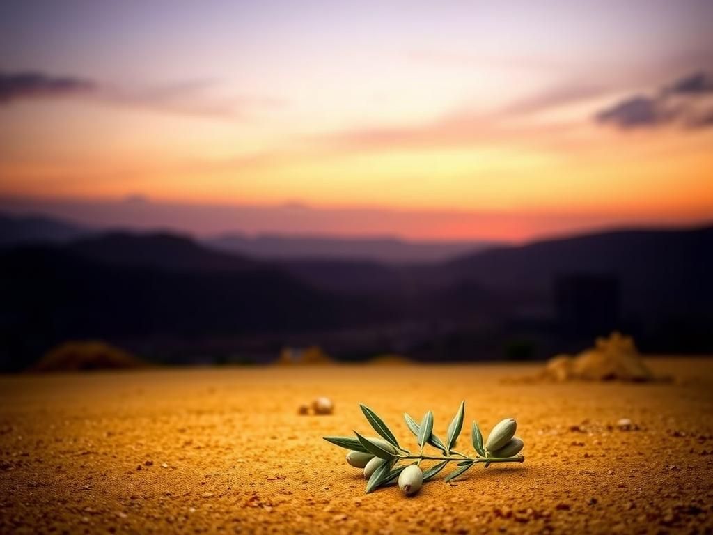 Flick International A serene landscape of the Gaza Strip at dusk, featuring rolling hills and crumbling buildings
