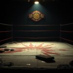 Flick International Dimly lit wrestling ring featuring remnants of a hardcore match with broken wooden planks and barbed wire