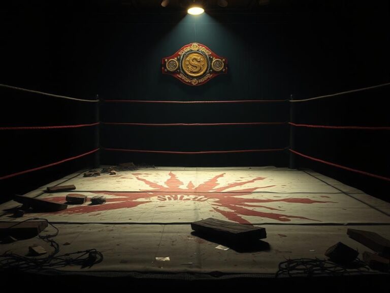 Flick International Dimly lit wrestling ring featuring remnants of a hardcore match with broken wooden planks and barbed wire
