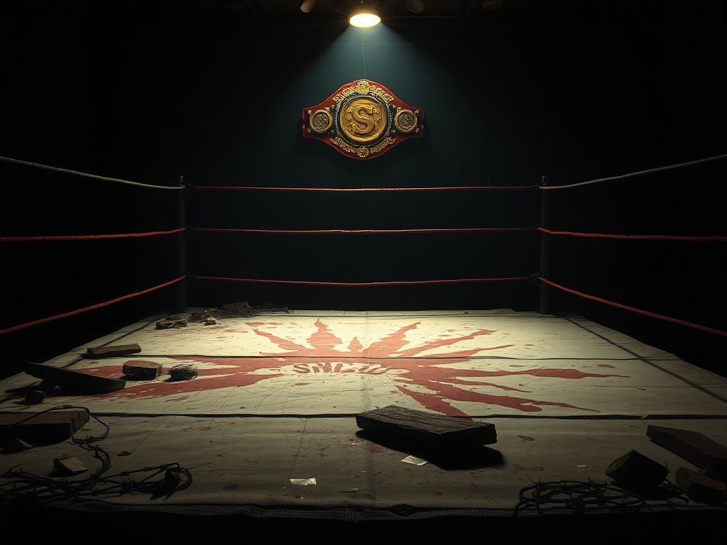 Flick International Dimly lit wrestling ring featuring remnants of a hardcore match with broken wooden planks and barbed wire