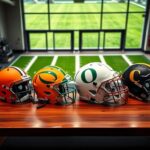 Flick International Four football helmets representing different quarterbacks displayed in a training facility
