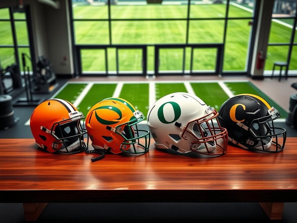 Flick International Four football helmets representing different quarterbacks displayed in a training facility
