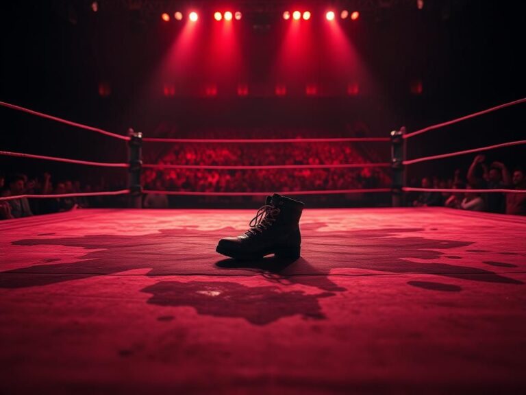 Flick International Aftermath of a wrestling match with a worn ring mat and solitary boot