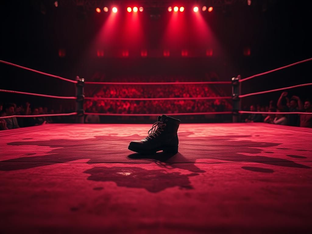 Flick International Aftermath of a wrestling match with a worn ring mat and solitary boot