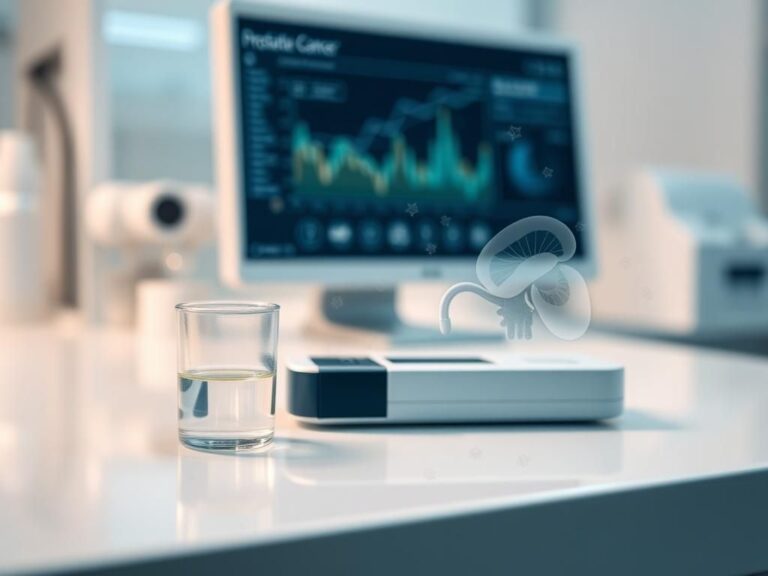 Flick International Close-up of a modern urine test kit for prostate cancer detection on a clean countertop