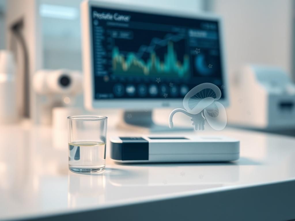 Flick International Close-up of a modern urine test kit for prostate cancer detection on a clean countertop