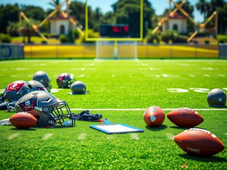 Flick International Dynamic football training scene showcasing pristine green turf and Buccaneers gear