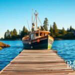 Flick International Rustic fishing boat in serene Maine coastal scene