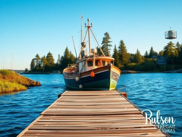 Flick International Rustic fishing boat in serene Maine coastal scene