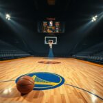 Flick International Empty NBA arena with the Golden State Warriors logo on the court