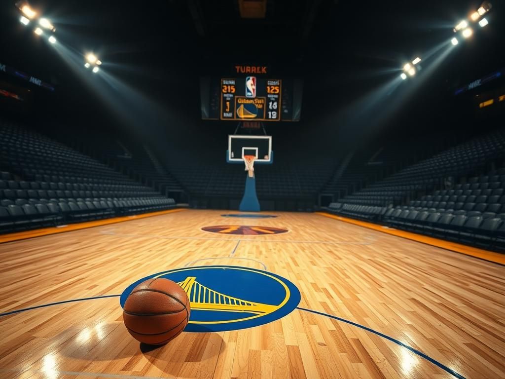 Flick International Empty NBA arena with the Golden State Warriors logo on the court