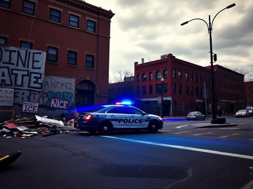 Flick International Chaotic urban scene in Worcester, Massachusetts during ICE arrest