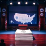 Flick International Empty podium in a dimly lit room with Democratic symbols
