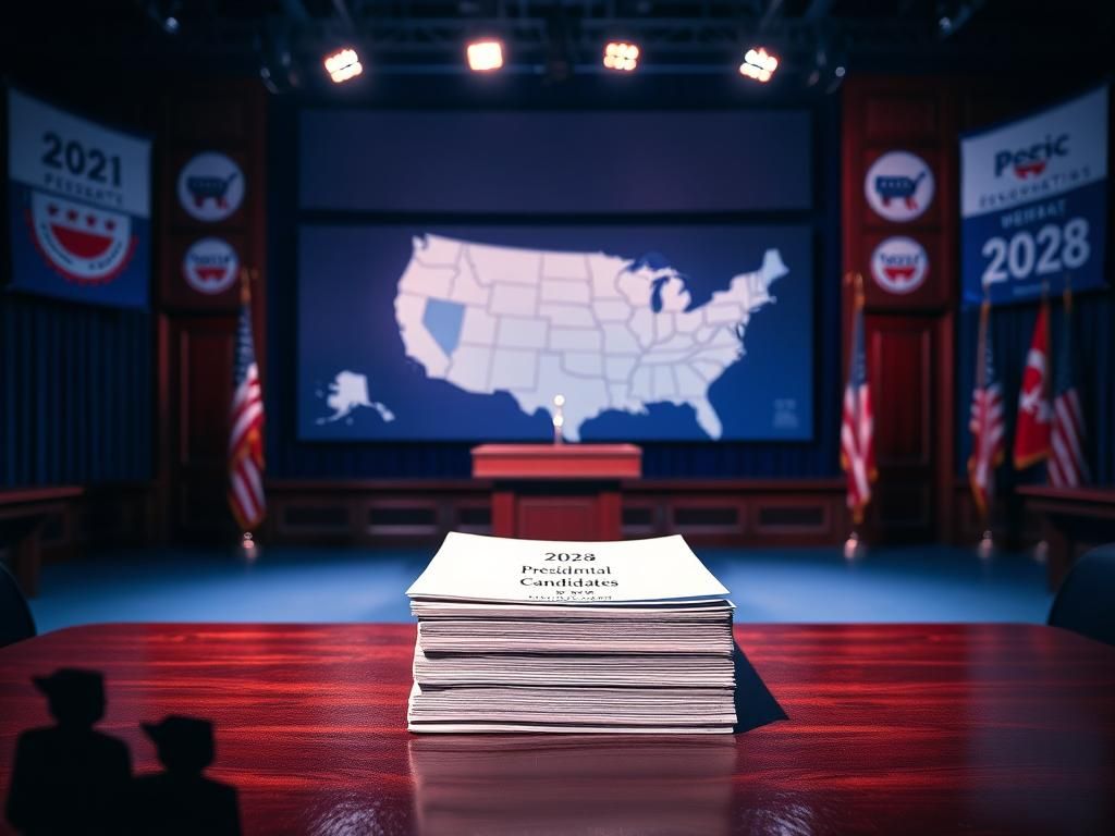 Flick International Empty podium in a dimly lit room with Democratic symbols