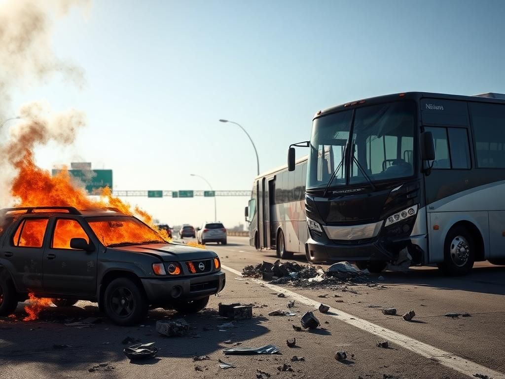 Flick International Dramatic aftermath of a tour bus crash on the 60 Freeway in Los Angeles