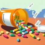 Flick International Conceptual illustration of a prescription pill bottle spilling colorful pills, representing the pharmaceutical industry and drug price reductions