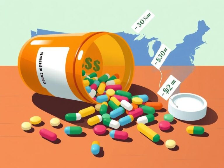 Flick International Conceptual illustration of a prescription pill bottle spilling colorful pills, representing the pharmaceutical industry and drug price reductions