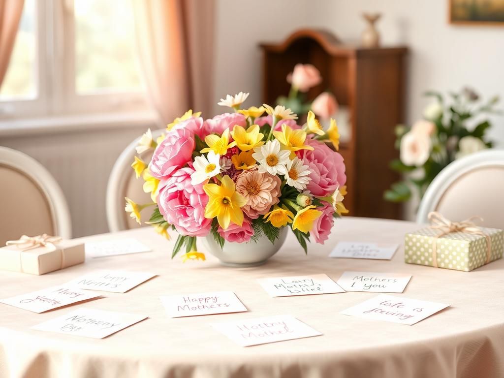 Flick International A beautifully arranged Mother's Day celebration table with spring flowers and handmade cards.