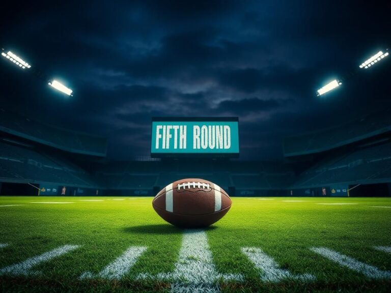 Flick International A lone football resting on the 50-yard line in a darkened stadium under bright lights