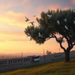 Flick International A serene landscape depicting the Israel-Gaza border at dusk with an olive tree and white doves