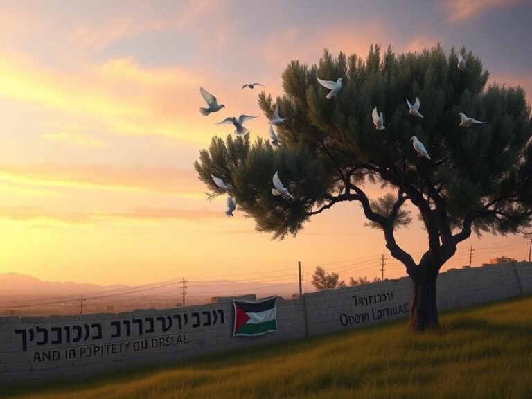 Flick International A serene landscape depicting the Israel-Gaza border at dusk with an olive tree and white doves
