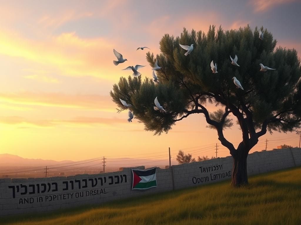 Flick International A serene landscape depicting the Israel-Gaza border at dusk with an olive tree and white doves