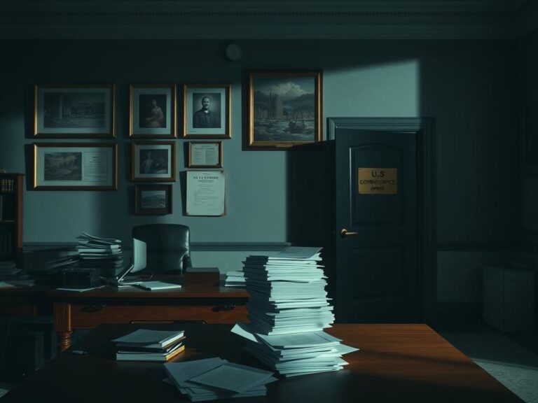 Flick International Empty office of the U.S. Copyright Office with a desk and papers