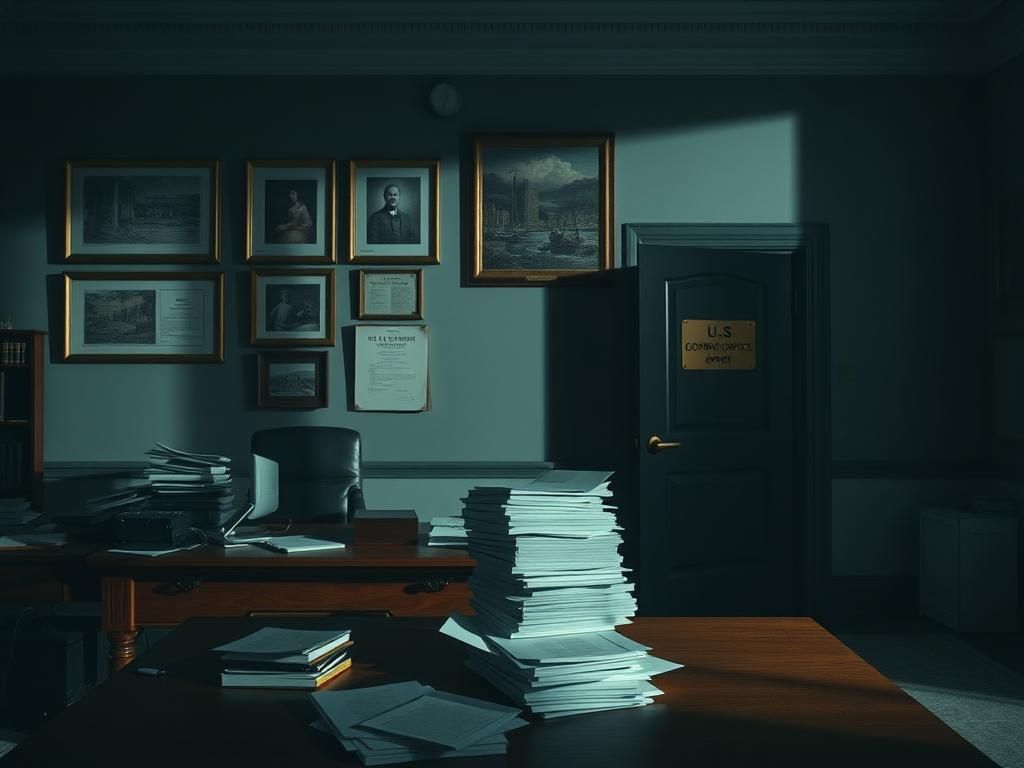 Flick International Empty office of the U.S. Copyright Office with a desk and papers