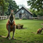 Flick International A kangaroo and wallaby enclosure at a petting zoo, featuring a kangaroo standing alert and a wallaby peeking from a bush.