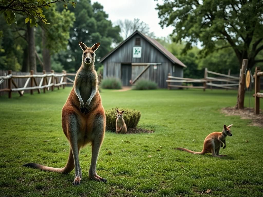 Flick International A kangaroo and wallaby enclosure at a petting zoo, featuring a kangaroo standing alert and a wallaby peeking from a bush.