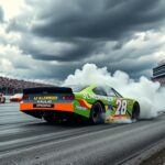 Flick International AJ Allmendinger's NASCAR car on the track with smoke from a blown engine