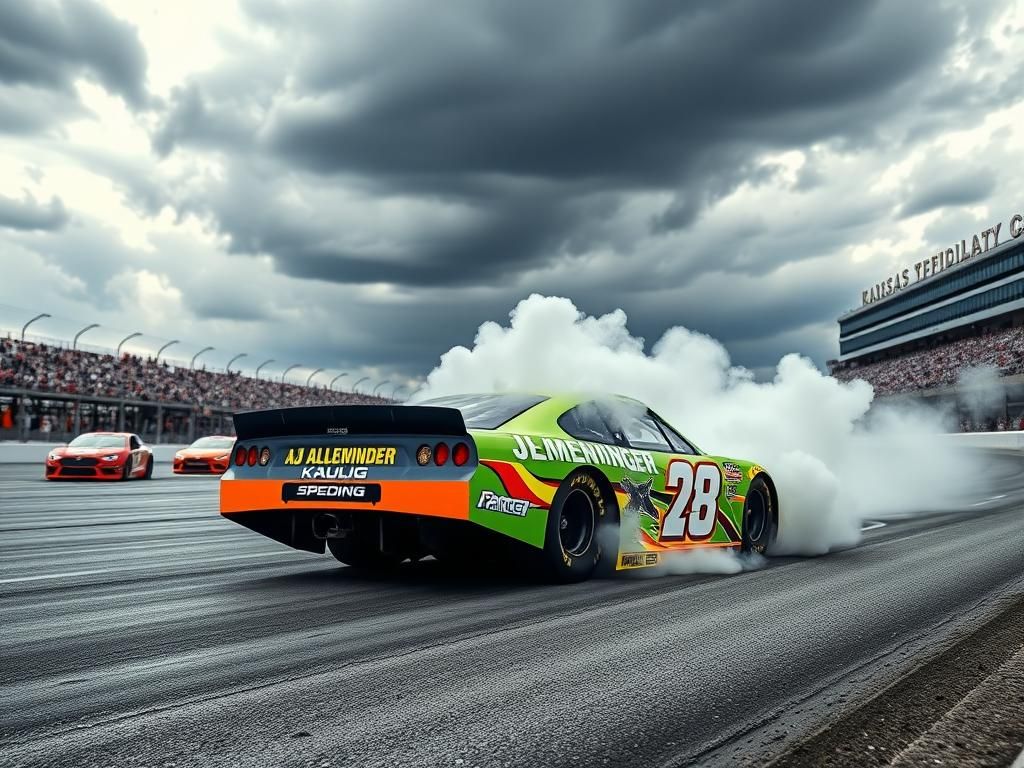 Flick International AJ Allmendinger's NASCAR car on the track with smoke from a blown engine