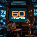 Flick International Close-up of an old-fashioned television screen displaying the '60 Minutes' logo in a chaotic newsroom