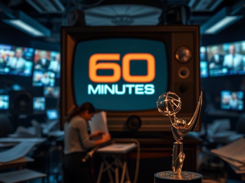 Flick International Close-up of an old-fashioned television screen displaying the '60 Minutes' logo in a chaotic newsroom