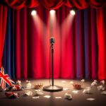 Flick International Dramatic stage set for a comedic performance featuring a microphone stand and royal-themed props