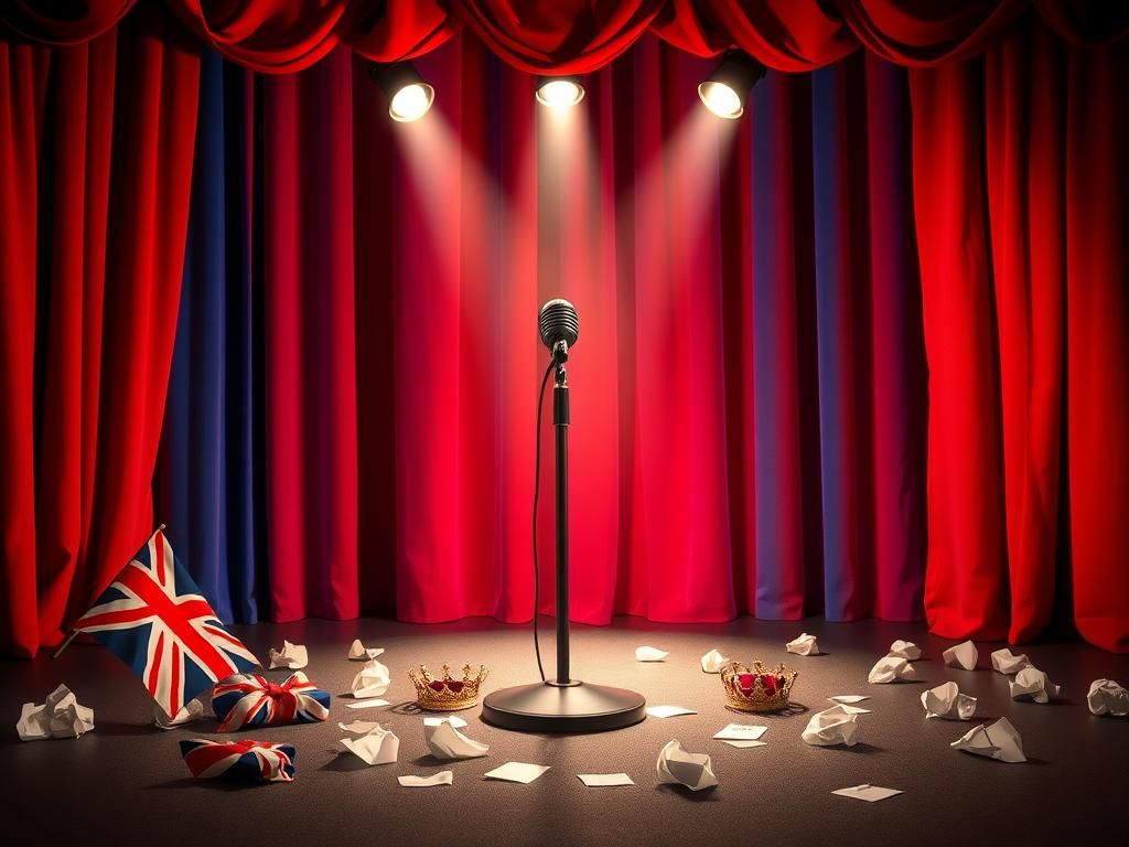 Flick International Dramatic stage set for a comedic performance featuring a microphone stand and royal-themed props