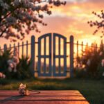 Flick International A deserted garden gate at sunset surrounded by vibrant flowers