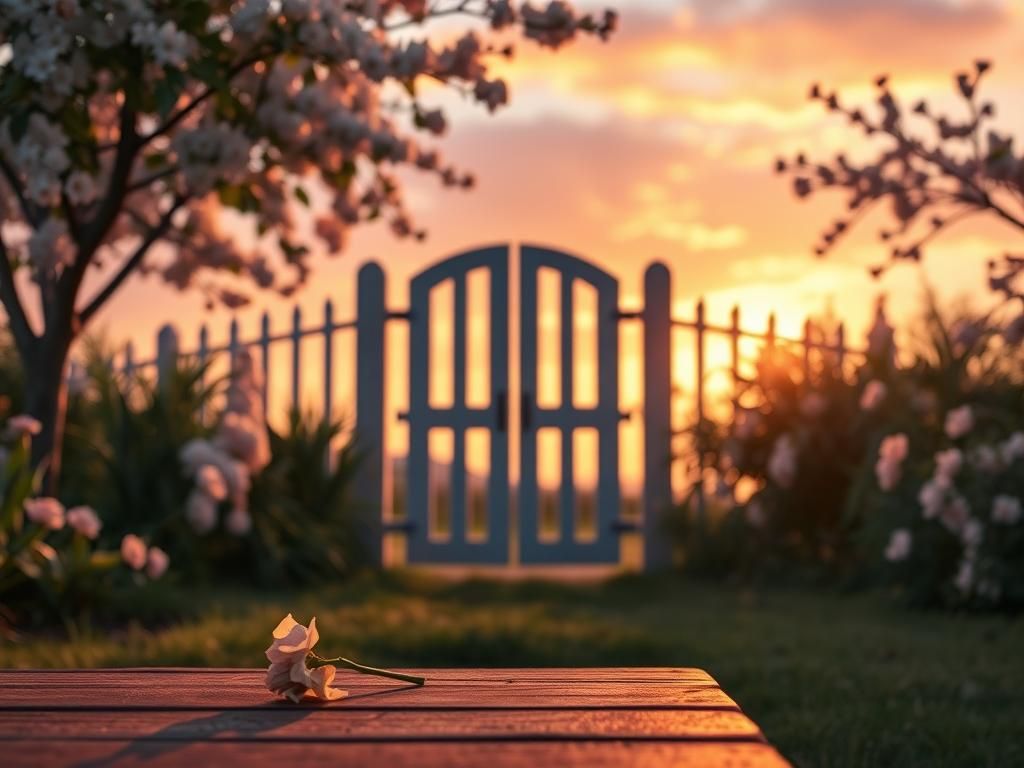 Flick International A deserted garden gate at sunset surrounded by vibrant flowers