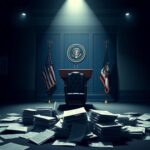 Flick International A stylized, empty White House press briefing room with a spotlight on a chair at the podium